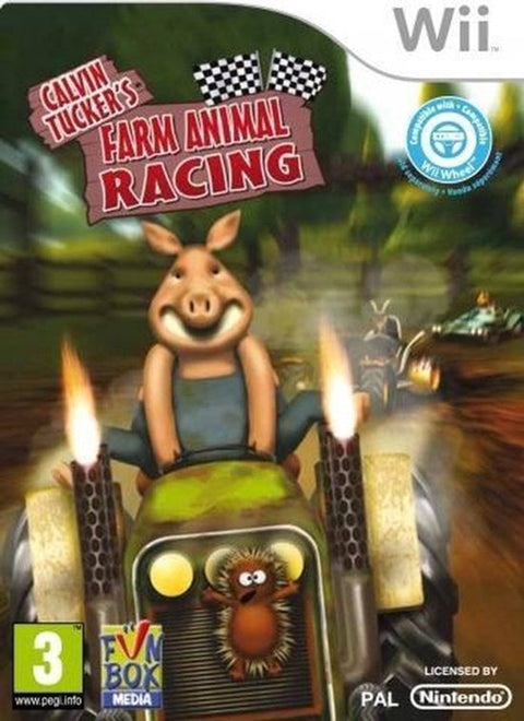 Nintendo Wii Calvin Tucker's Farm Animal Racing van Funbox Media, doos voorkant met varken op een racetractor, tweedehands