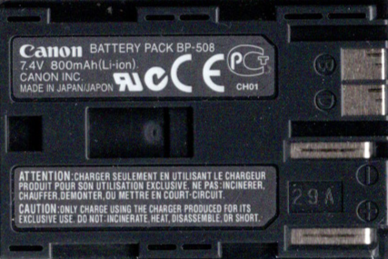 Canon BP-508 accu, zwarte camcorderaccu met etiket Battery Pack BP-508 7.4V 800mAh, tweedehands