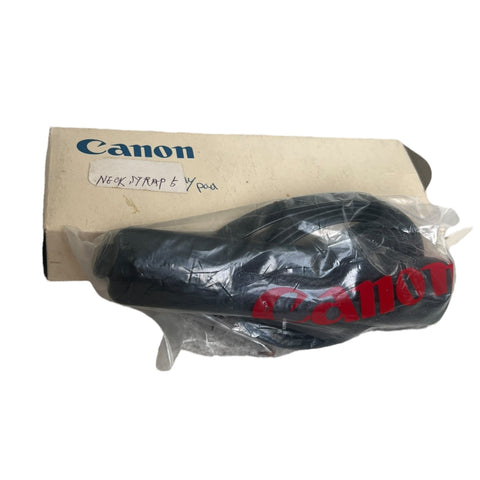 Canon vintage camera nekriem met rubberen pad 1 cm, zwart met rode Canon-letters bij het Canon-doosje, nieuw in verpakking
