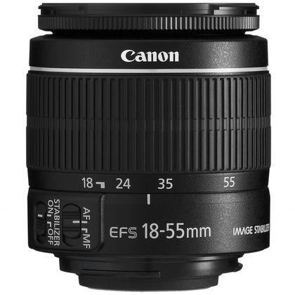 Canon EF-S 18-55mm f/3.5-5.6 IS STM lens, zwart, rechtop staand met zoomschaal 18 tot 55, tweedehands