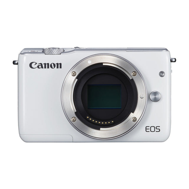 Canon EOS M10 systeemcamera body, wit, voorkant zonder lens met open EF-M-vatting