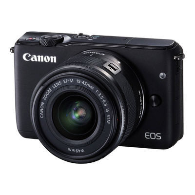 Canon EOS M10 systeemcamera met EF-M 15-45mm lens, zwart, schuin van voren, tweedehands