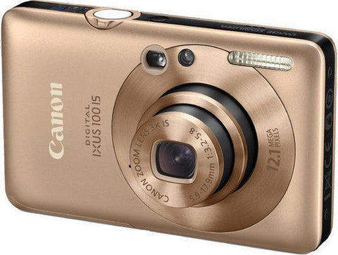 Canon IXUS 100 IS digitale compactcamera, goud, schuin van voren met 3x zoomlens en 12.1 megapixel