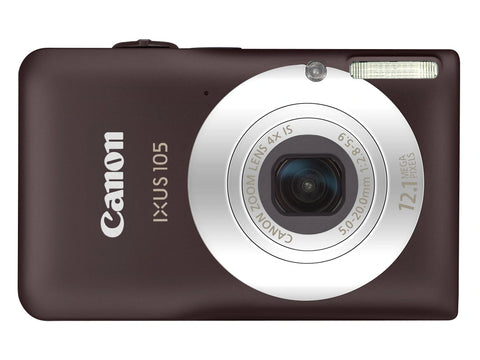 Canon IXUS 105 compactcamera, bruin, voorkant met 4x zoomlens en opschrift 12.1 megapixels
