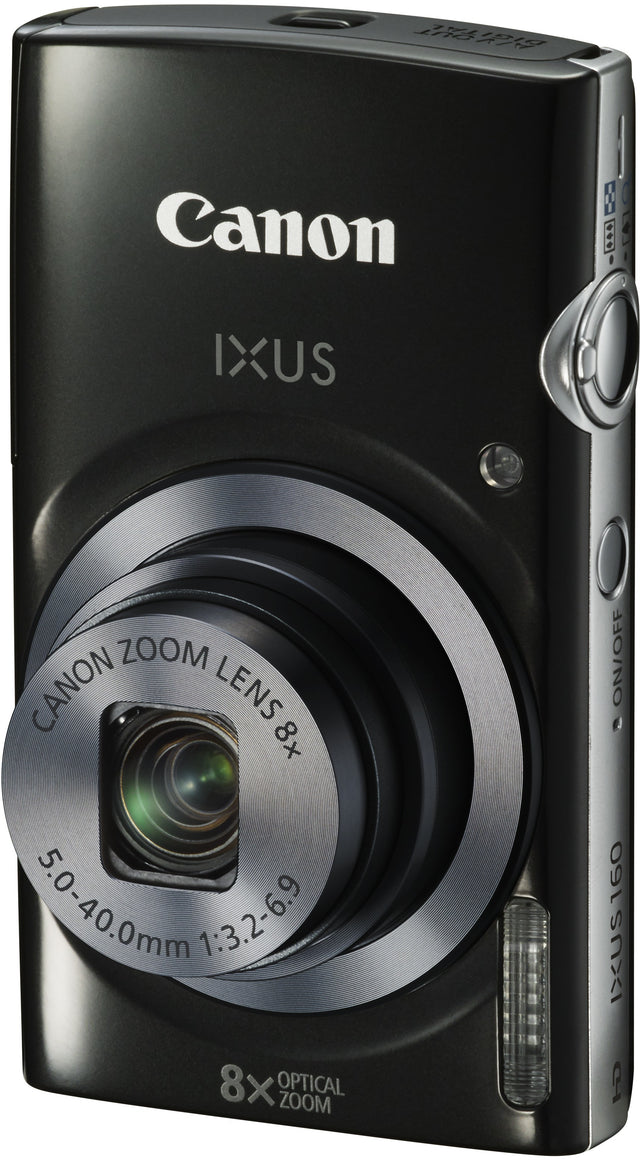Canon IXUS 160 compactcamera, zwart, schuin van voren met 8x zoomlens
