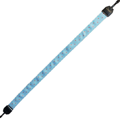 Canon neck strap met patroon, lichtblauwe camerariem met blauw motief, tweedehands