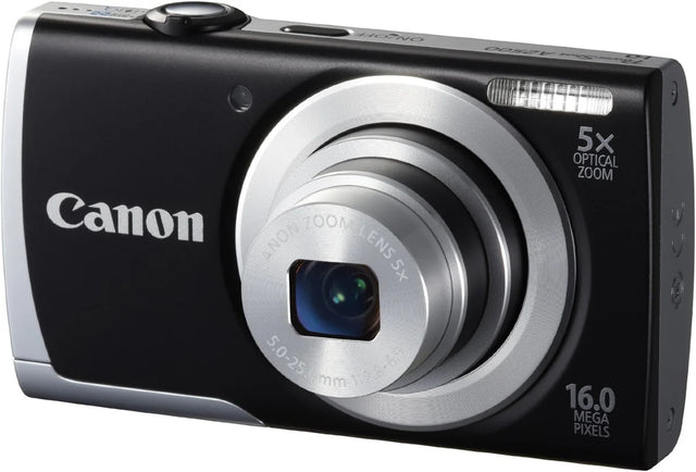 Canon PowerShot A2550 compactcamera, zwart, schuin van voren met 5x zoomlens en 16.0 megapixels