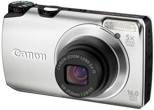 Canon PowerShot A3300 IS digitale compactcamera, zilver, voorkant schuin met 5x zoomlens en 16 megapixel