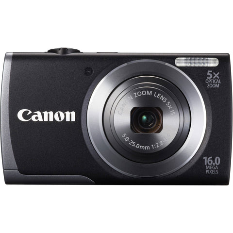 Canon PowerShot A3500 IS compactcamera, zwart, voorkant met 5x zoomlens en opschrift 16.0 megapixels, tweedehands