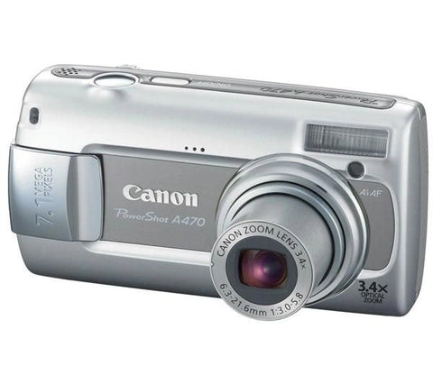 Canon PowerShot A470 digitale compactcamera, zilver, voorkant schuin met 3,4x zoomlens en 7.1 megapixel