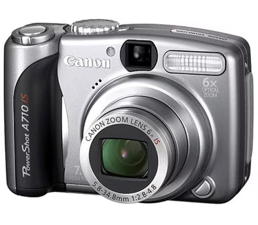 Canon PowerShot A710 IS digitale compactcamera, zilver, voorkant schuin met 6x zoomlens, tweedehands