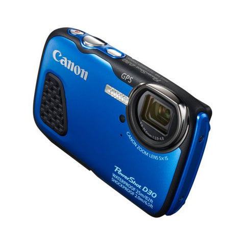 Canon PowerShot D30 digitale onderwatercamera, blauw, voorkant schuin