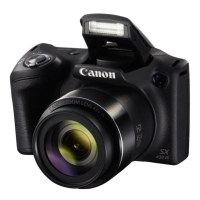 Canon PowerShot SX432 IS digitale bridgecamera, zwart, voorkant met uitgeklapte flitser en zoomlens, tweedehands
