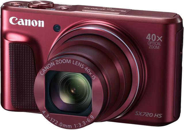 Canon PowerShot SX720 HS digitale compactcamera, rood, voorkant schuin met 40x zoomlens, tweedehands