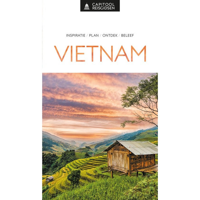 Vietnam, Capitool reisgidsen, omslag met rijstterrassen en een houten hut onder een roze lucht, tweedehands