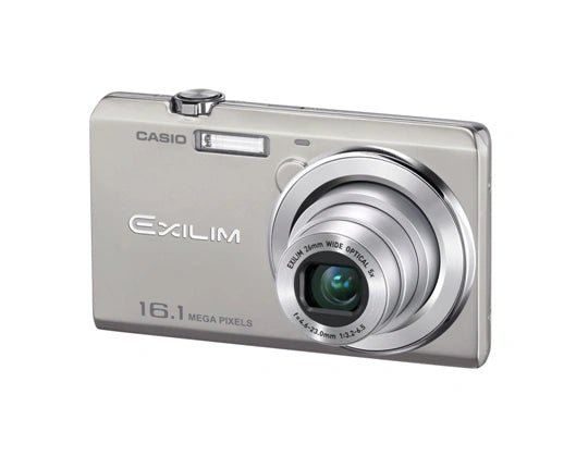 Casio Exilim compactcamera, zilver, schuin van voren met 5x zoomlens 26mm wide en opschrift 16.1 megapixels