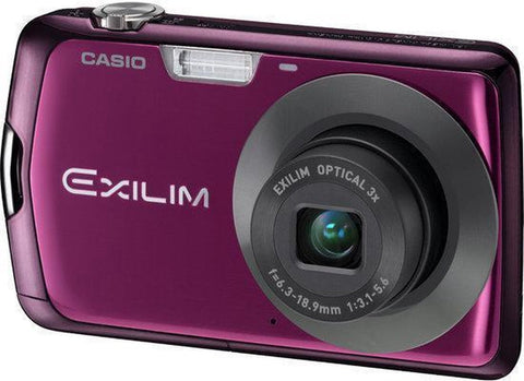 Casio Exilim EX-Z330 digitale compactcamera, paars, voorkant schuin met 3x zoomlens, tweedehands