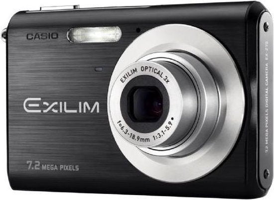 Casio Exilim EX-Z70 digitale compactcamera, zwart, voorkant schuin met 3x zoomlens, tweedehands