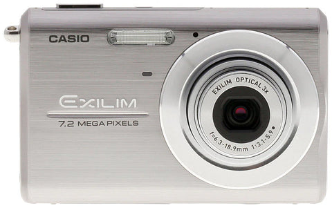 Casio Exilim EX-Z75 compactcamera, zilver, voorkant met 3x zoomlens en opschrift 7.2 megapixels, tweedehands