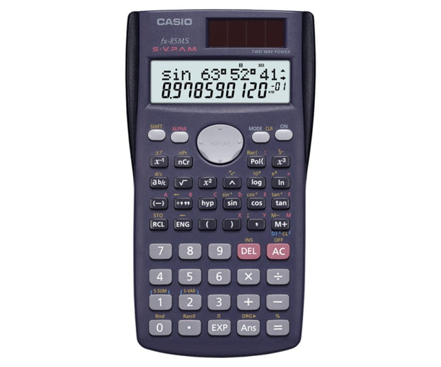 Casio FX-85MS wetenschappelijke rekenmachine, vooraanzicht met display