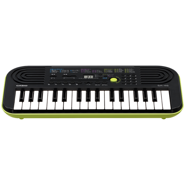 Casio SA-46 compact mini keyboard, zwart met groen, vooraanzicht