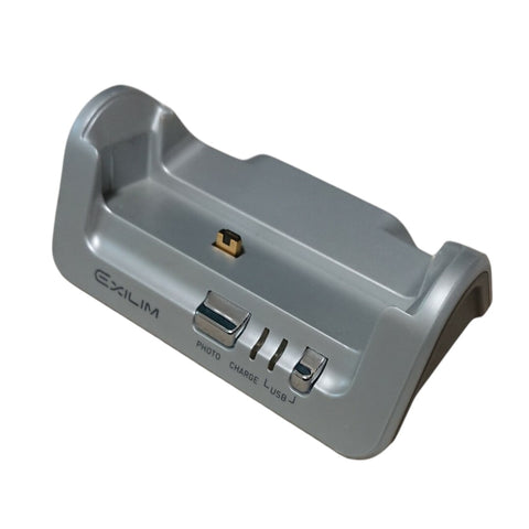 Casio CA-21A USB cradle voor Exilim EX-Z3 en EX-Z4, zilver, dock schuin van voren met opschrift Exilim, tweedehands