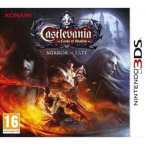 Nintendo 3DS Castlevania Lords of Shadow Mirror of Fate van Konami, doos voorkant met drie strijders en vuur, tweedehands