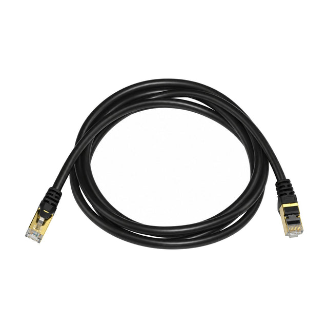 Zwarte ronde CAT8 netwerkkabel van 2 meter in een lus, met aan beide kanten een afgeschermde RJ45-stekker met goudkleurige metalen behuizing