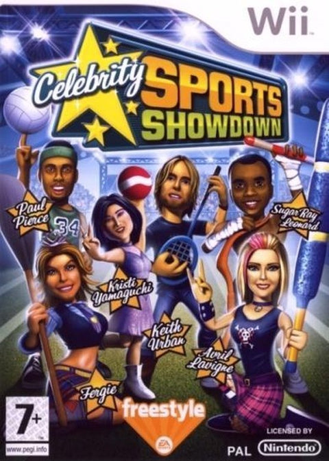 Nintendo Wii Celebrity Sports Showdown van EA, doos voorkant met getekende beroemdheden, tweedehands