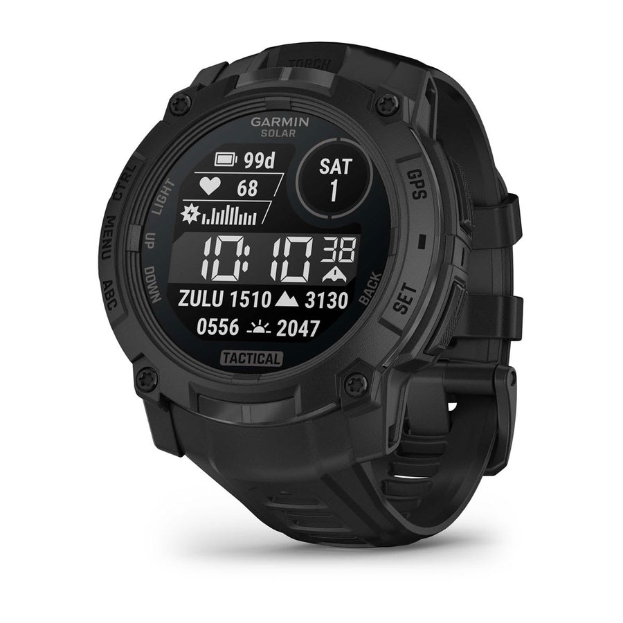 Garmin Instinct 3 Solar Tactical Edition smartwatch 50 mm, zwart met zwarte band, schuin van voren