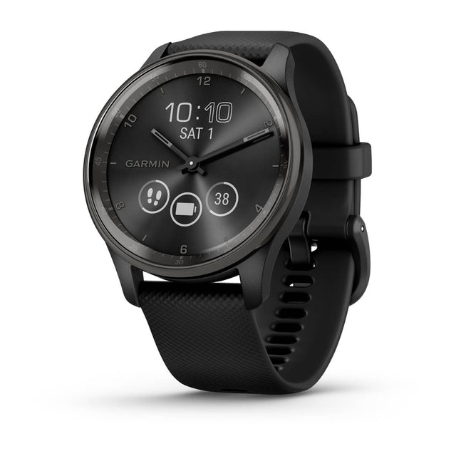 Garmin Vivomove Trend hybride smartwatch 40 mm, zwart met slate rand en zwarte siliconen band, vooraanzicht