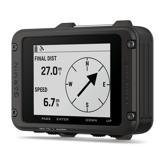 Garmin Foretrex 801 GPS-navigator zonder polsband, schuin vooraanzicht met kompas op het scherm