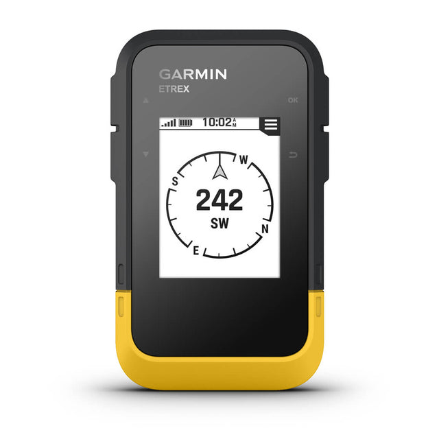 Garmin eTrex SE handheld GPS, zwart met geel, vooraanzicht met kompas op het scherm