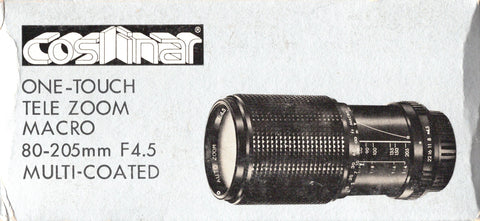 Coslinar-One Touch Tele Zoom Macro 80-205mm f/4.5 Multi Coated Lens voor Canon AE-1 (Nieuw)