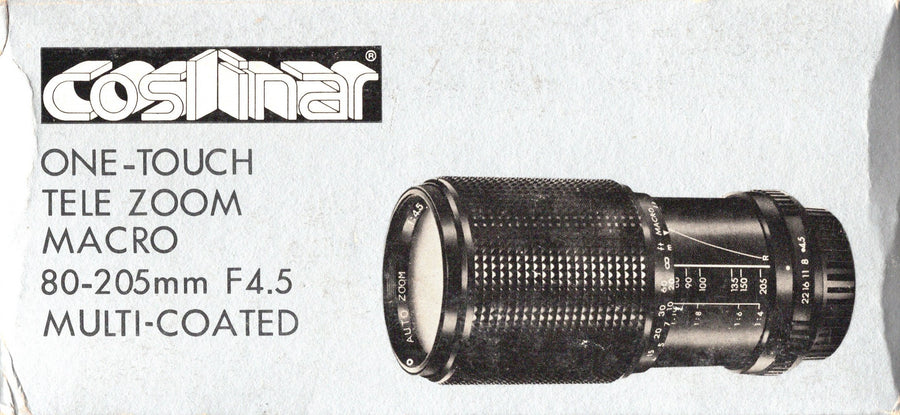 Coslinar-One Touch Tele Zoom Macro 80-205mm f/4.5 Multi Coated Lens voor Canon AE-1 (Nieuw)