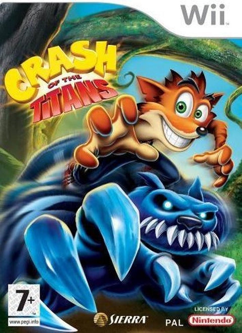 Nintendo Wii Crash of the Titans van Sierra, doos voorkant met Crash Bandicoot en blauw monster, tweedehands