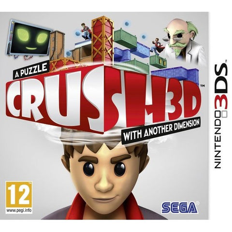 Nintendo 3DS Crush 3D van Sega, doos voorkant met een jongen en puzzelblokken, tweedehands