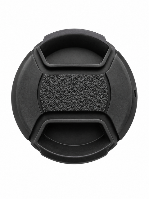 Lensdop zonder logo, zwart met geruwde knijpgrepen in het midden