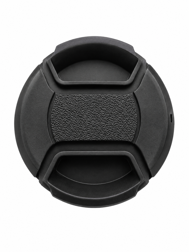 Lensdop zonder logo, zwart met geruwde knijpgrepen in het midden