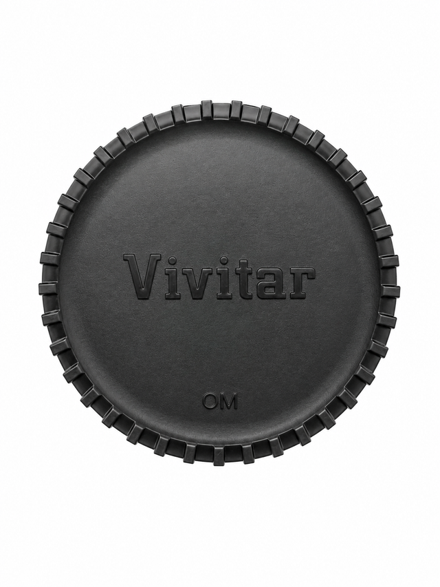 Vivitar OM-mount body cap voor Olympus, zwart met ingeperst Vivitar-logo, opdruk OM en getande rand, voorkant