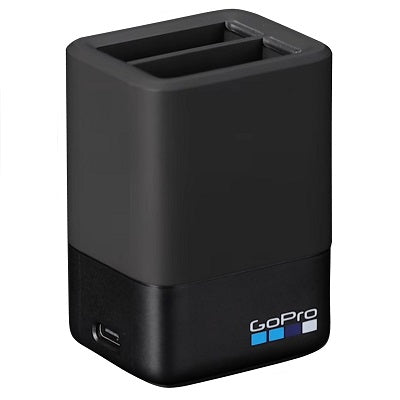 GoPro dual acculader voor Hero 5, 6 en 7 Black, zwart, lader schuin van boven met twee laadsleuven en GoPro-logo, tweedehands