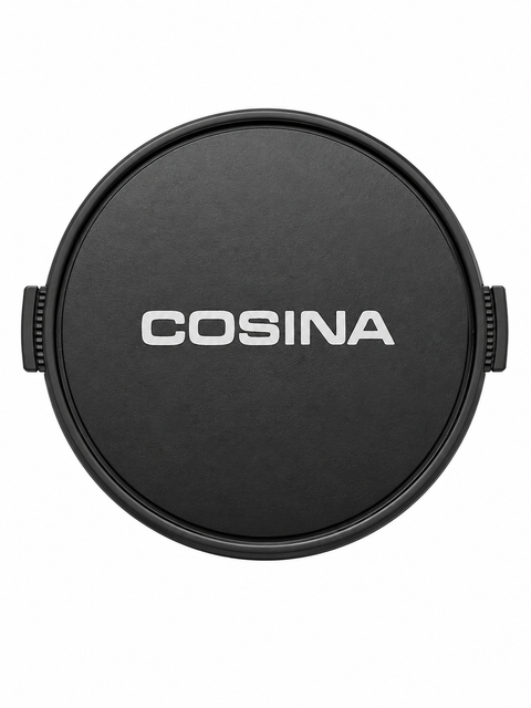 Cosina vintage lensdop 62mm, zwart met zilver Cosina-logo en geribbelde klemmen, voorkant