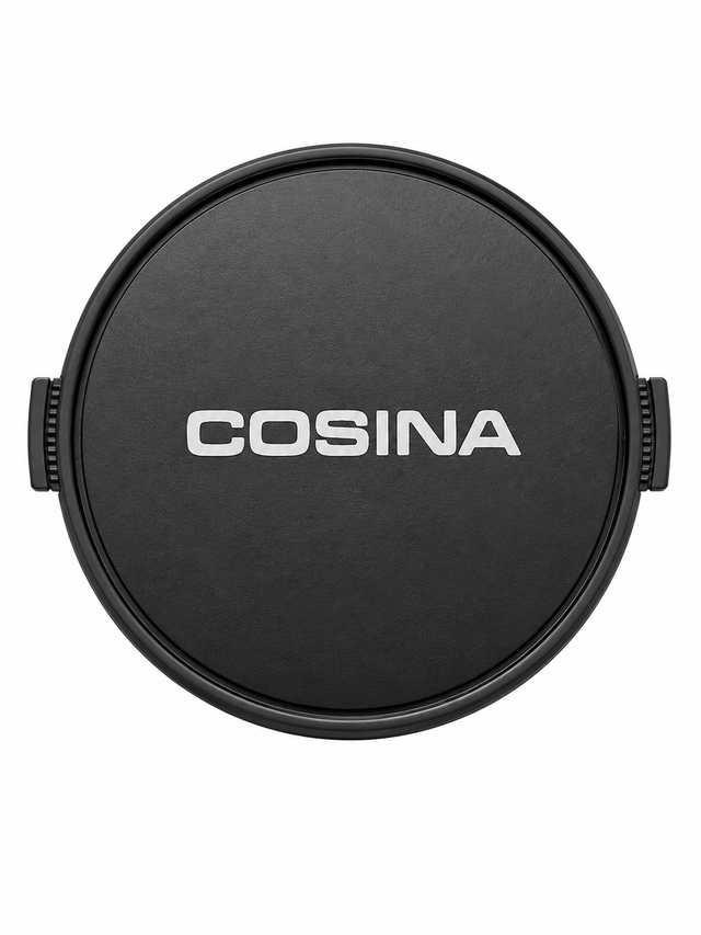 Cosina vintage lensdop 77mm, zwart met zilver Cosina-logo en geribbelde klemmen, voorkant