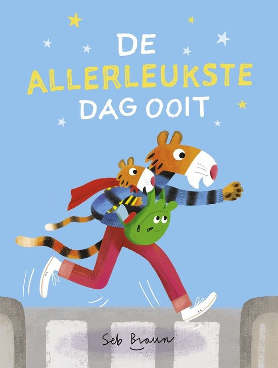 De allerleukste dag ooit, Seb Braun, blauwe omslag met een rennende tijger met een kleine tijger op zijn rug, tweedehands