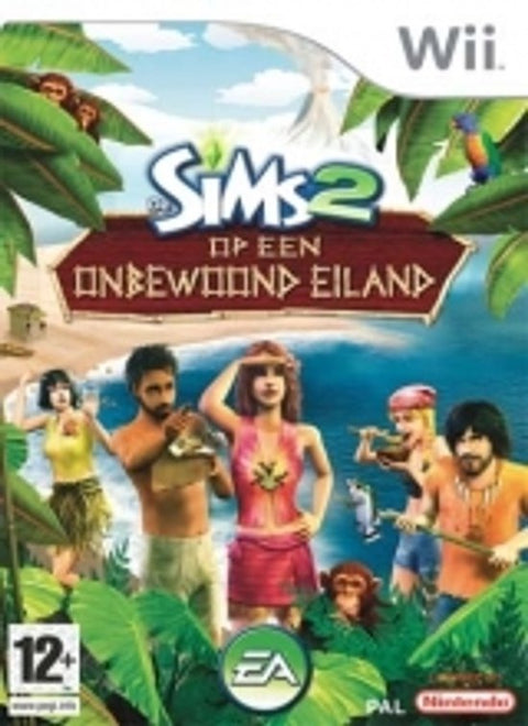 Nintendo Wii De Sims 2 Op een Onbewoond Eiland van EA, doos voorkant met Sims op een tropisch strand, tweedehands