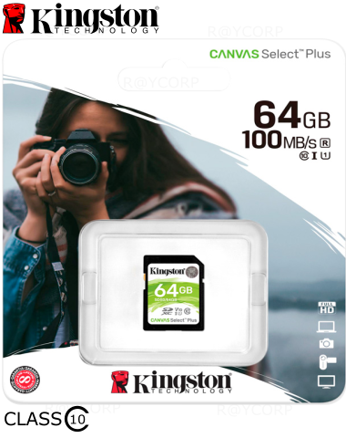 Kingston-Canvas Select Plus SDXC Geheugenkaart 64GB UHS-I Class 10 U1 V10 100MB/s (SDS2/64GB) (Nieuw)