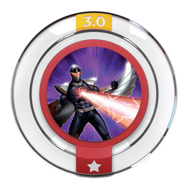 Disney Infinity Power Disc Darkhawk's Blast, ronde 3.0-schijf met rode rand en Darkhawk die een rode straal afvuurt