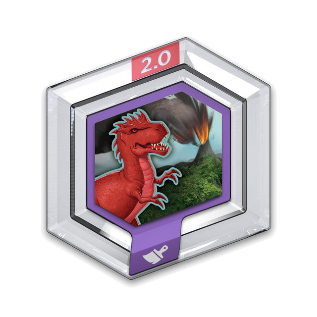 Disney Infinity 2.0 power disc Forgotten Skies, zeshoekige disc met een rode dinosaurus en een uitbarstende vulkaan