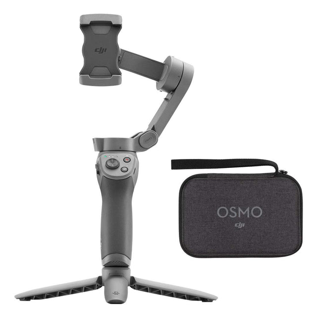 DJI Osmo Mobile 3 Combo Kit smartphone-gimbal, grijs, op statief naast de opbergtas