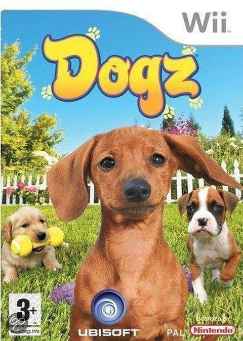Nintendo Wii Dogz van Ubisoft, doos voorkant met drie puppy's in een tuin, tweedehands